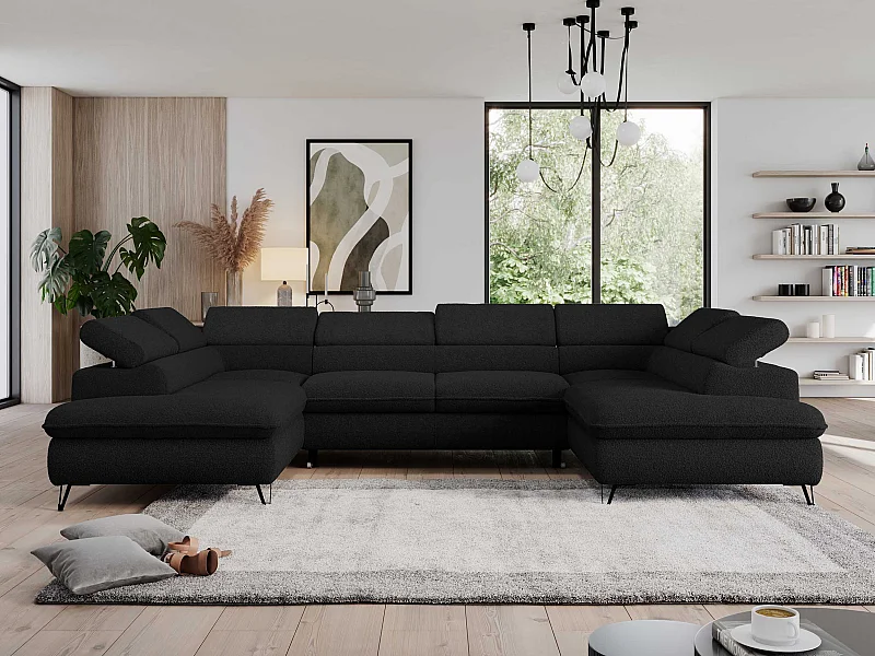 Ecksofa PEDRO U - XXL U-förmige Ecke, schlaffunktion und Bettkästen - Schwarz Boucle
