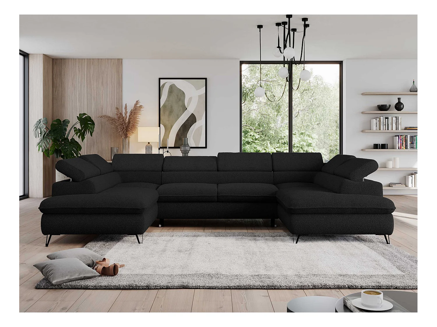 Ecksofa PEDRO U - XXL U-förmige Ecke, schlaffunktion und Bettkästen - Schwarz Boucle