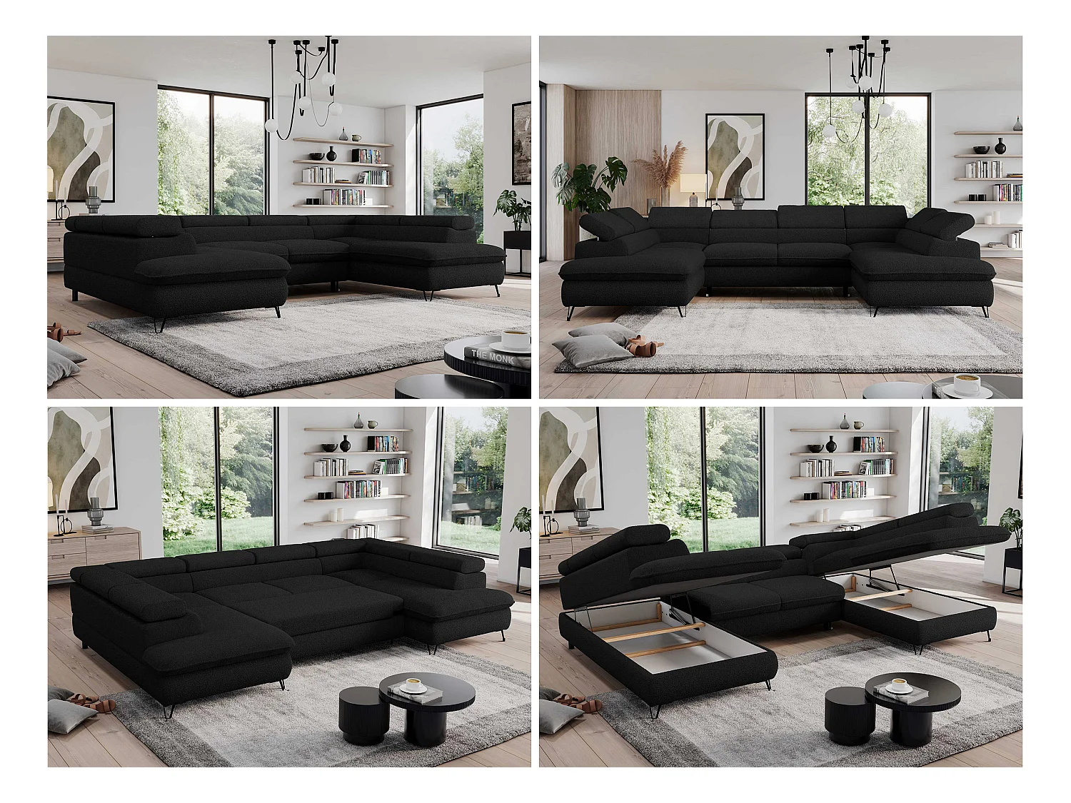 Ecksofa PEDRO U - XXL U-förmige Ecke, schlaffunktion und Bettkästen - Schwarz Boucle