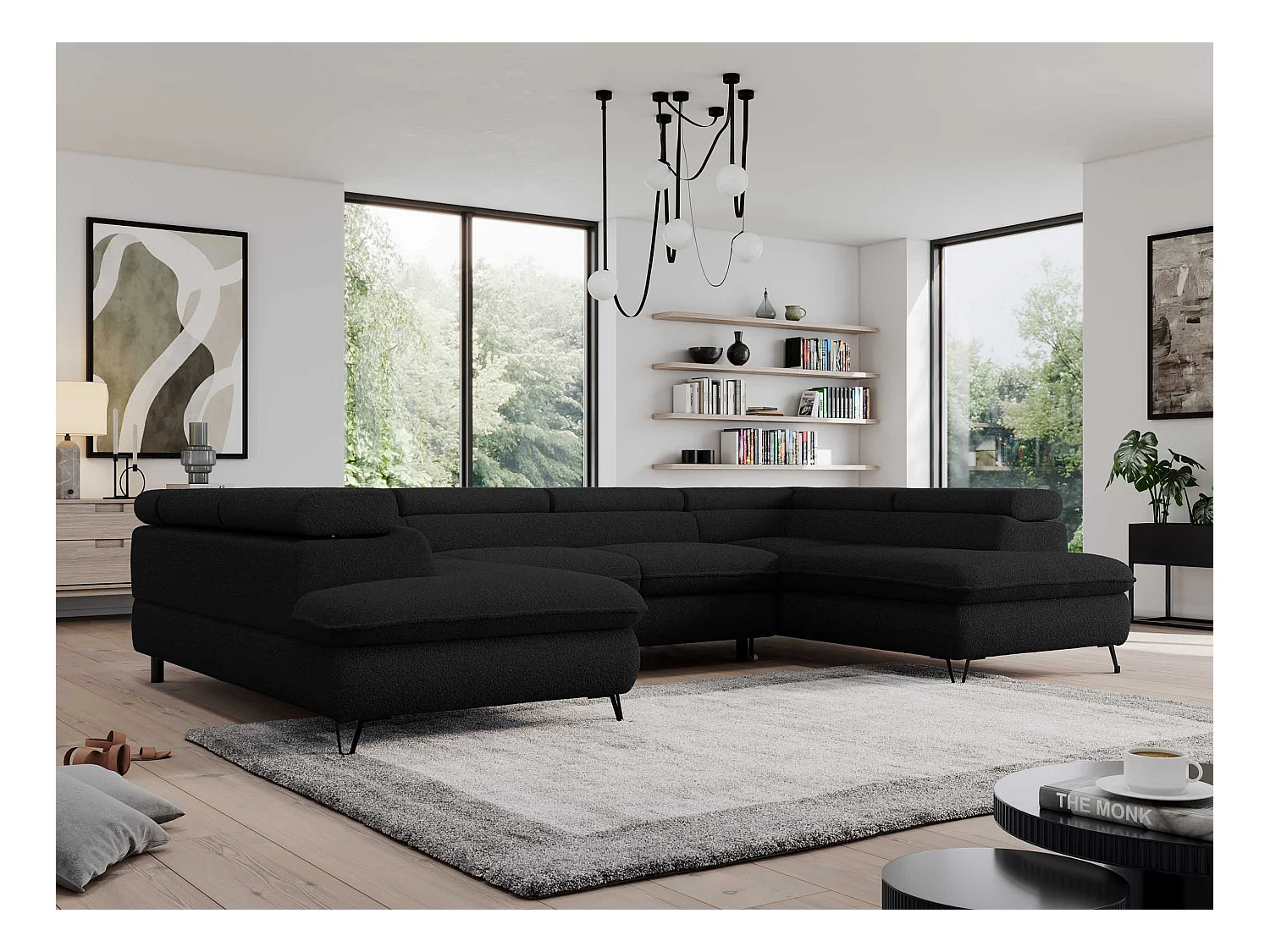 Ecksofa PEDRO U - XXL U-förmige Ecke, schlaffunktion und Bettkästen - Schwarz Boucle