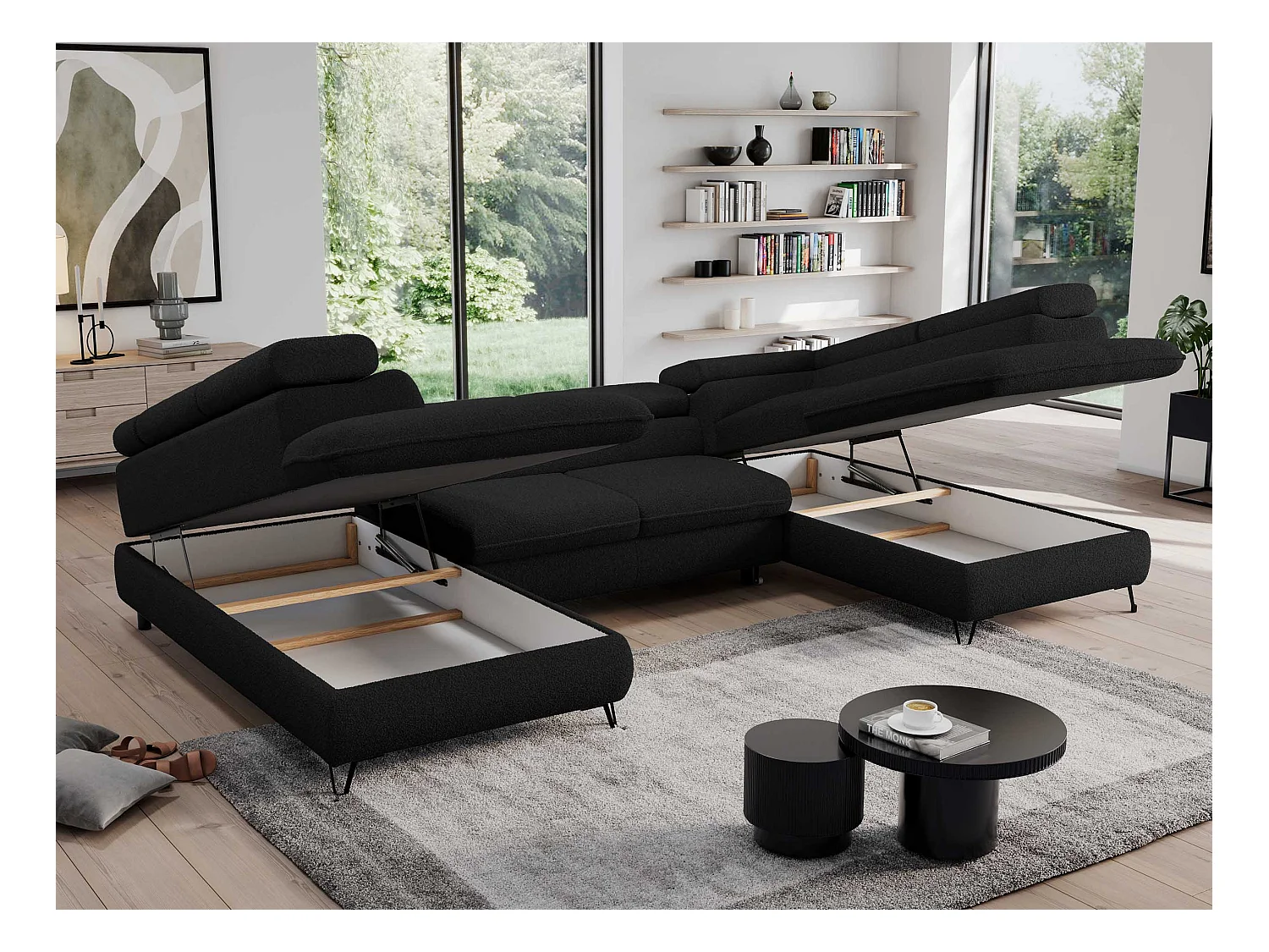 Ecksofa PEDRO U - XXL U-förmige Ecke, schlaffunktion und Bettkästen - Schwarz Boucle