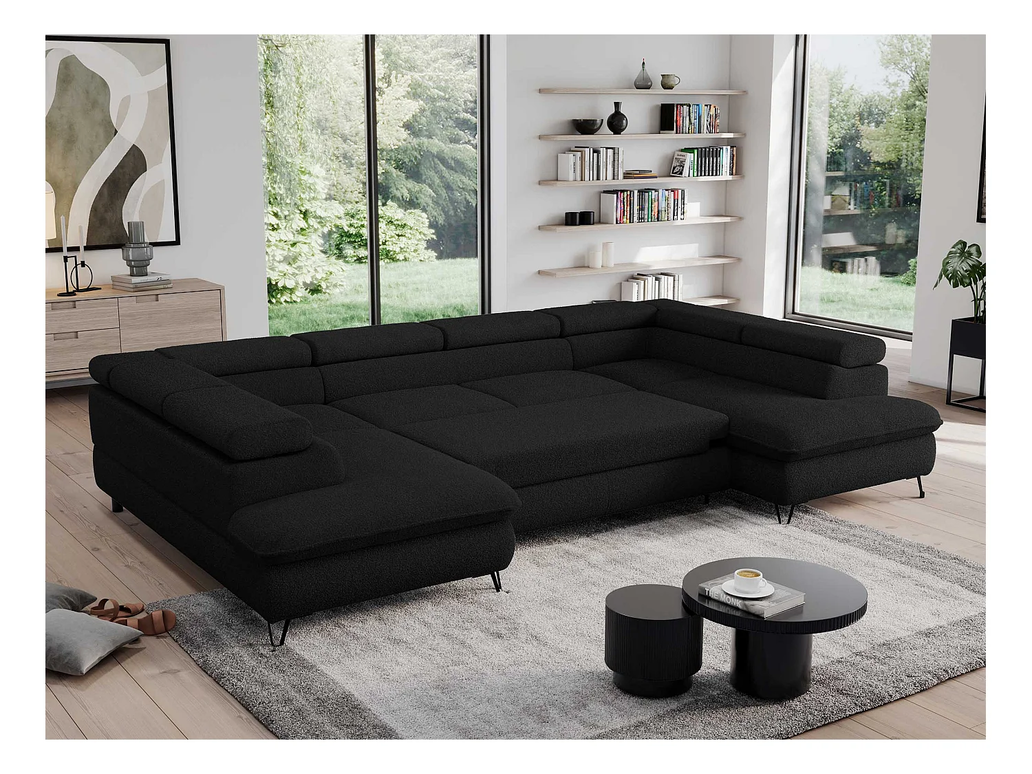 Ecksofa PEDRO U - XXL U-förmige Ecke, schlaffunktion und Bettkästen - Schwarz Boucle