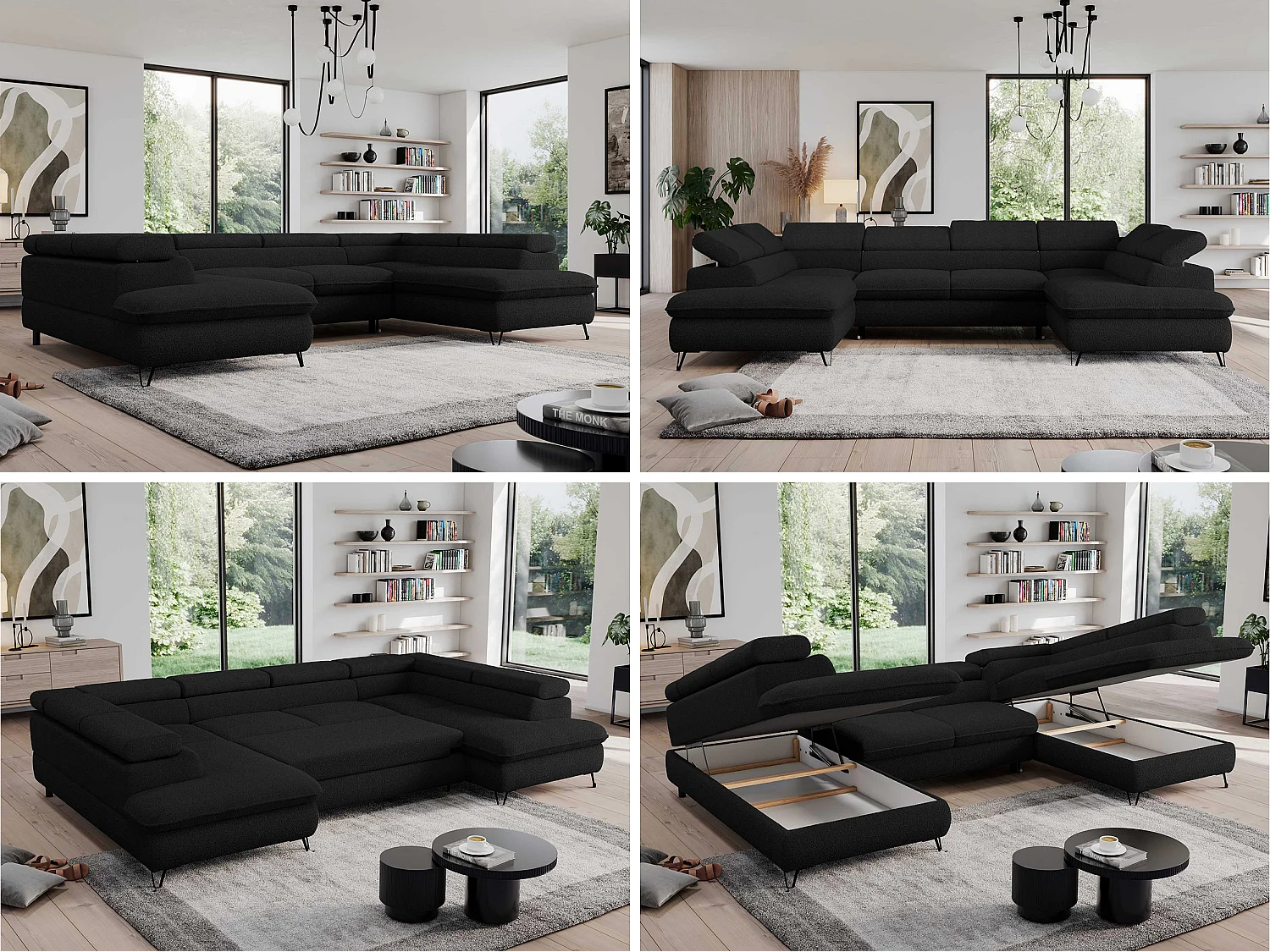 Ecksofa PEDRO U - XXL U-förmige Ecke, schlaffunktion und Bettkästen - Schwarz Boucle