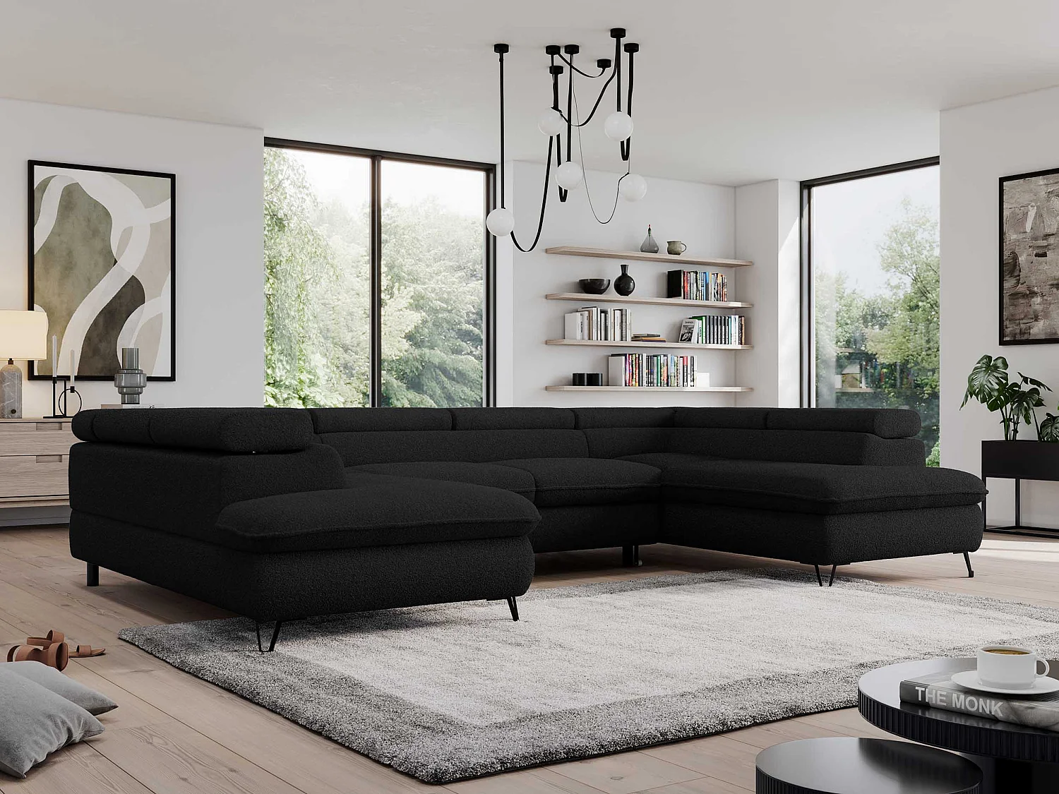 Ecksofa PEDRO U - XXL U-förmige Ecke, schlaffunktion und Bettkästen - Schwarz Boucle