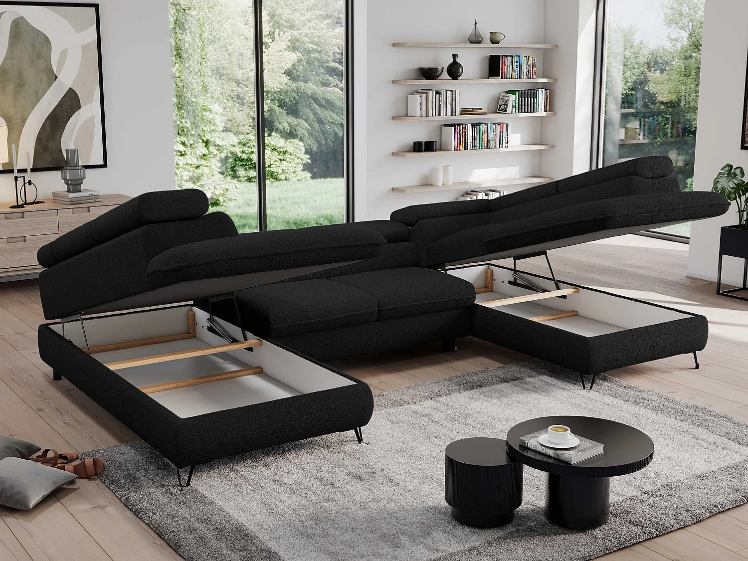 Ecksofa PEDRO U - XXL U-förmige Ecke, schlaffunktion und Bettkästen - Schwarz Boucle