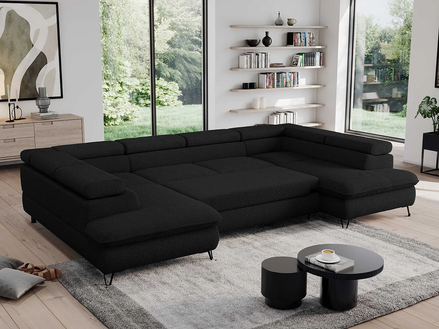 Ecksofa PEDRO U - XXL U-förmige Ecke, schlaffunktion und Bettkästen - Schwarz Boucle