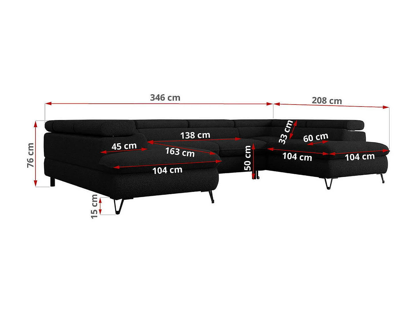 Ecksofa PEDRO U - XXL U-förmige Ecke, schlaffunktion und Bettkästen - Schwarz Boucle