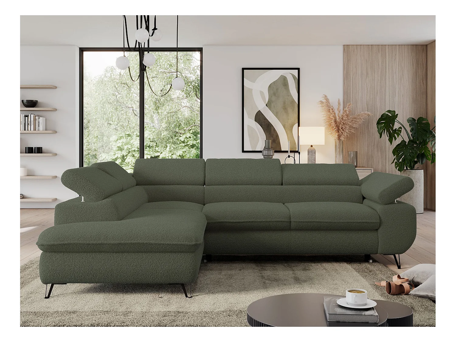Ecksofa PEDRO - L-Form mit Schlaffunktion 200x125 cm, verstellbaren Kopfstützen - Grün Boucle - Ecke Links