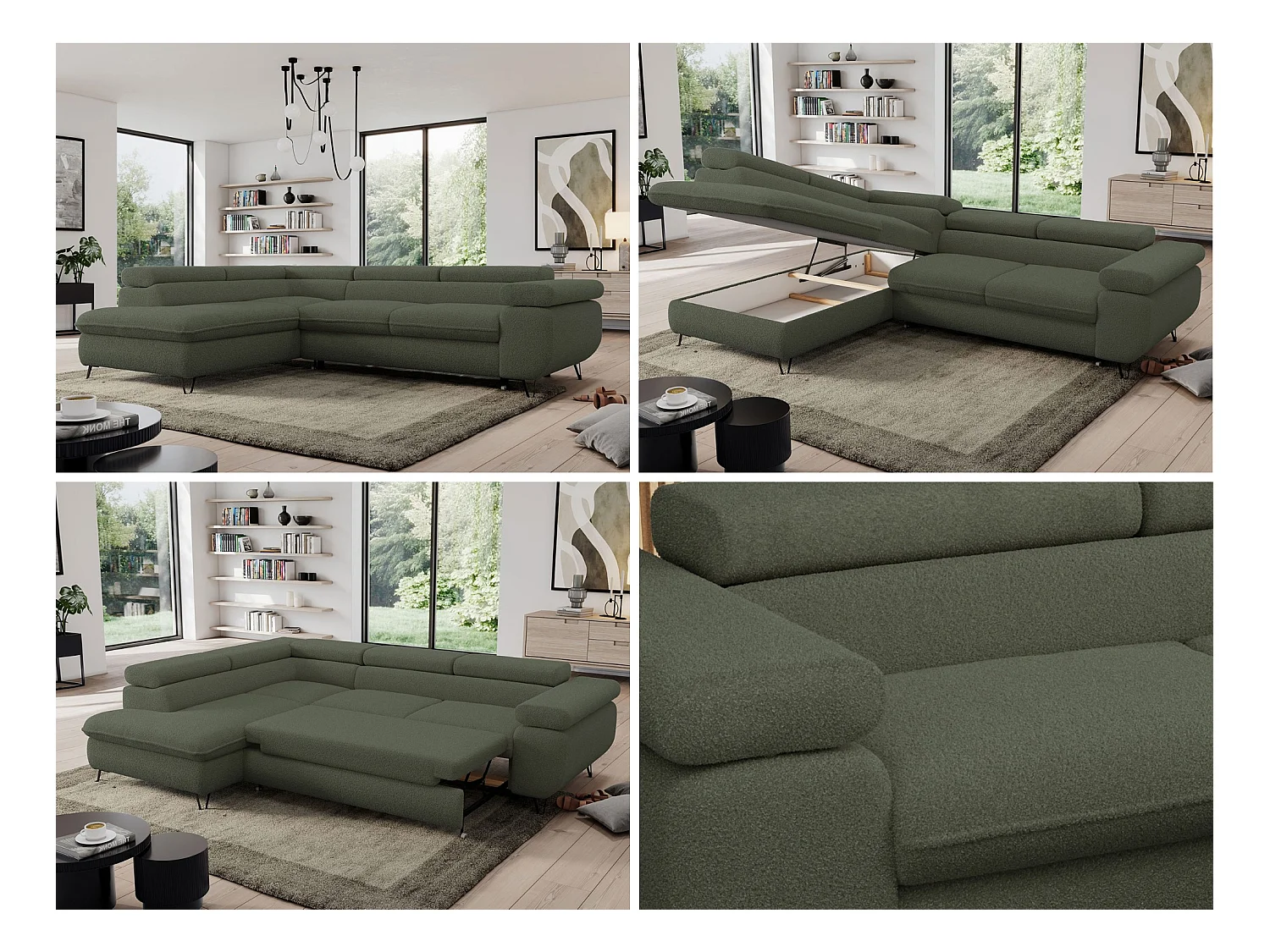 Ecksofa PEDRO - L-Form mit Schlaffunktion 200x125 cm, verstellbaren Kopfstützen - Grün Boucle - Ecke Links