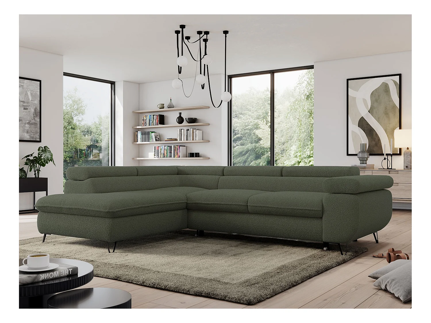 Ecksofa PEDRO - L-Form mit Schlaffunktion 200x125 cm, verstellbaren Kopfstützen - Grün Boucle - Ecke Links