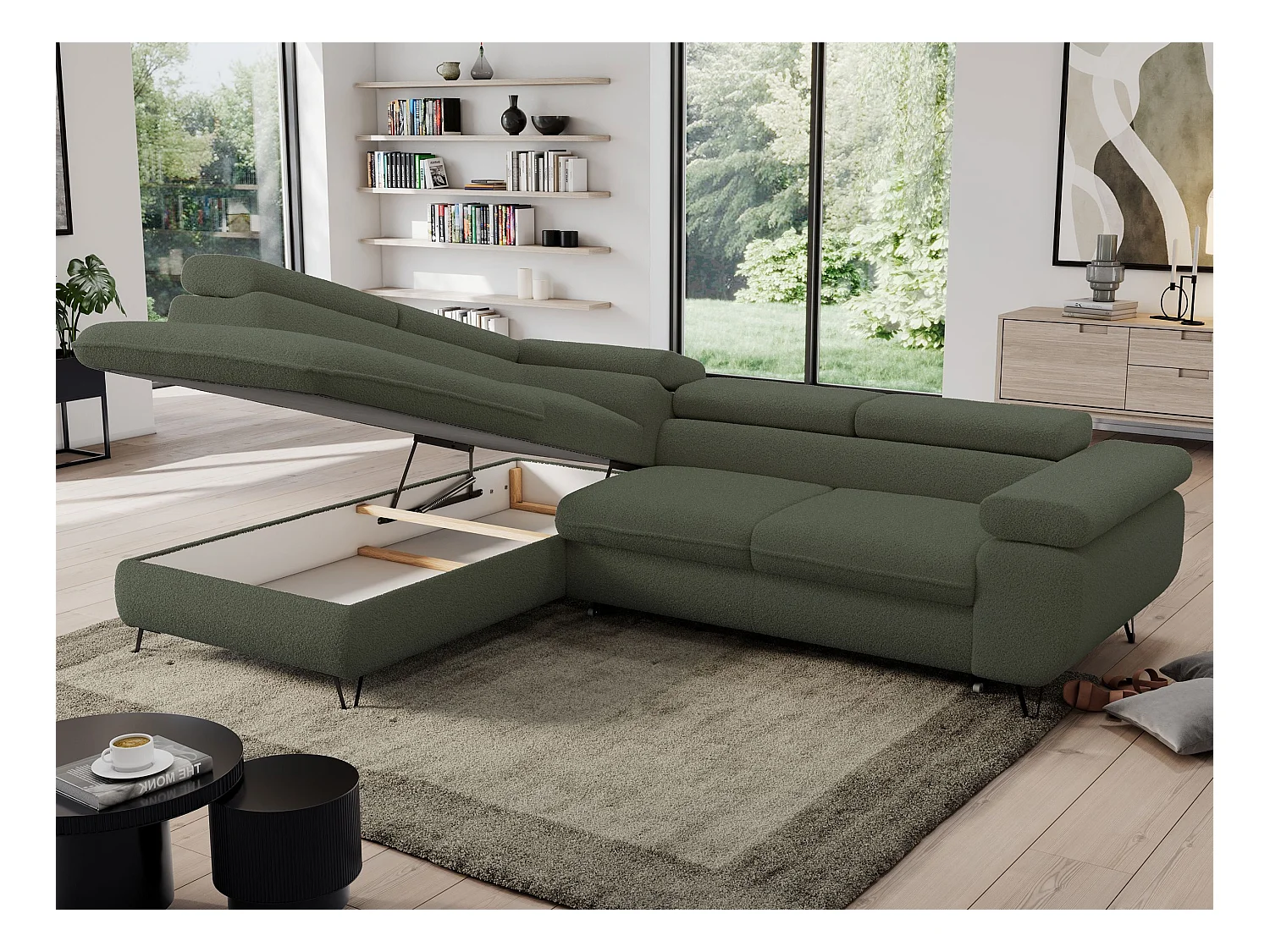 Ecksofa PEDRO - L-Form mit Schlaffunktion 200x125 cm, verstellbaren Kopfstützen - Grün Boucle - Ecke Links