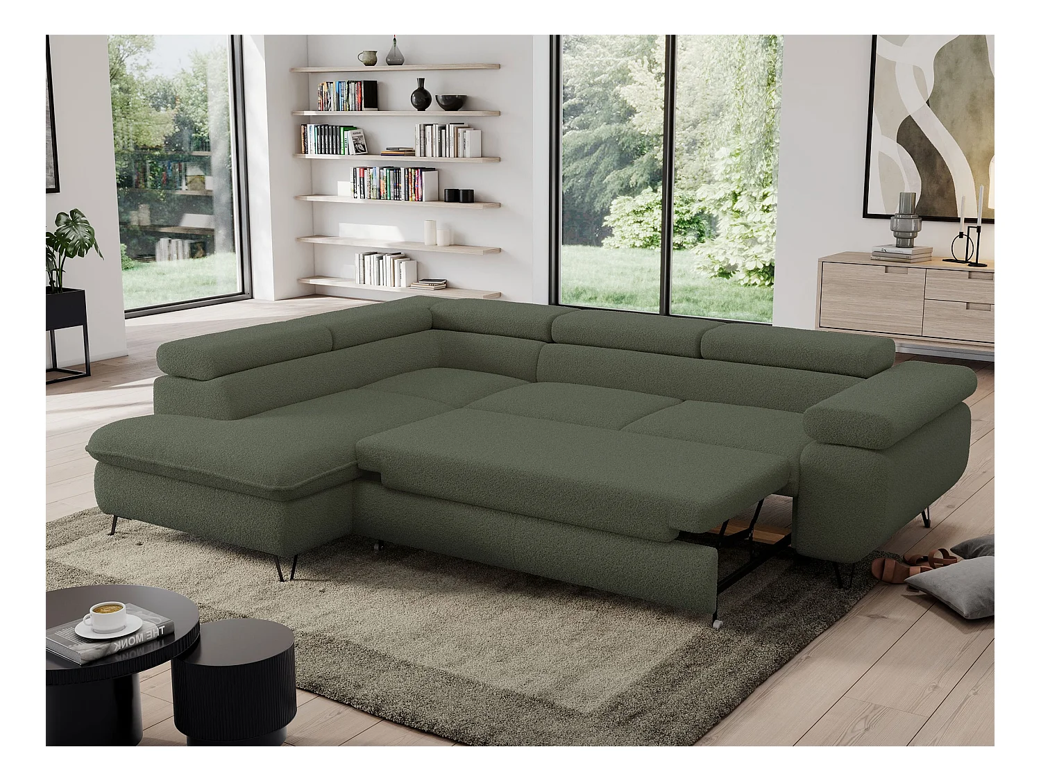 Ecksofa PEDRO - L-Form mit Schlaffunktion 200x125 cm, verstellbaren Kopfstützen - Grün Boucle - Ecke Links