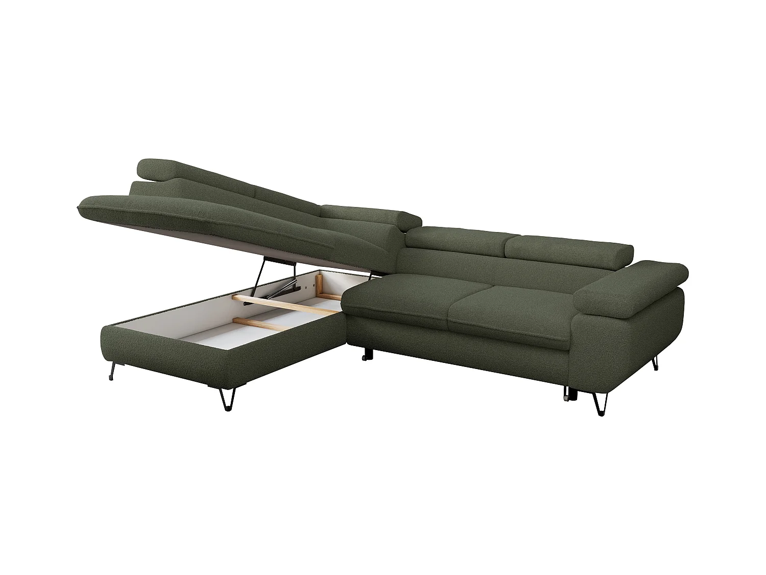 Ecksofa PEDRO - L-Form mit Schlaffunktion 200x125 cm, verstellbaren Kopfstützen - Grün Boucle - Ecke Links