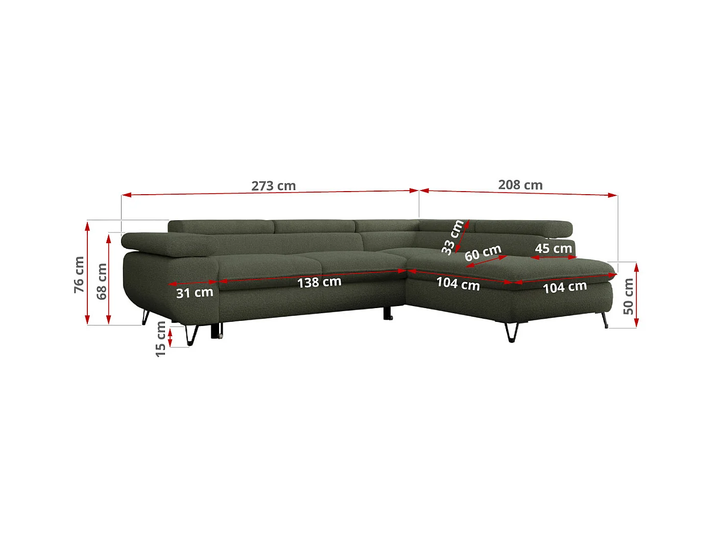Ecksofa PEDRO - L-Form mit Schlaffunktion 200x125 cm, verstellbaren Kopfstützen - Grün Boucle - Ecke Links