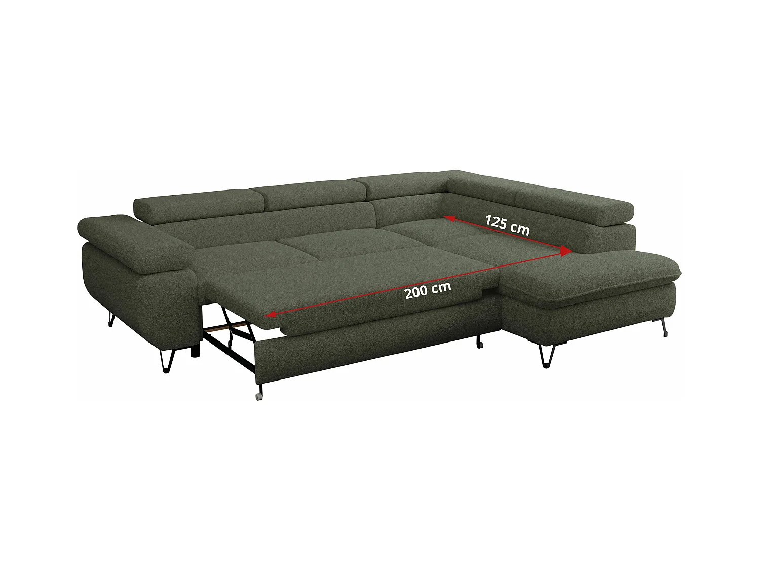 Ecksofa PEDRO - L-Form mit Schlaffunktion 200x125 cm, verstellbaren Kopfstützen - Grün Boucle - Ecke Links
