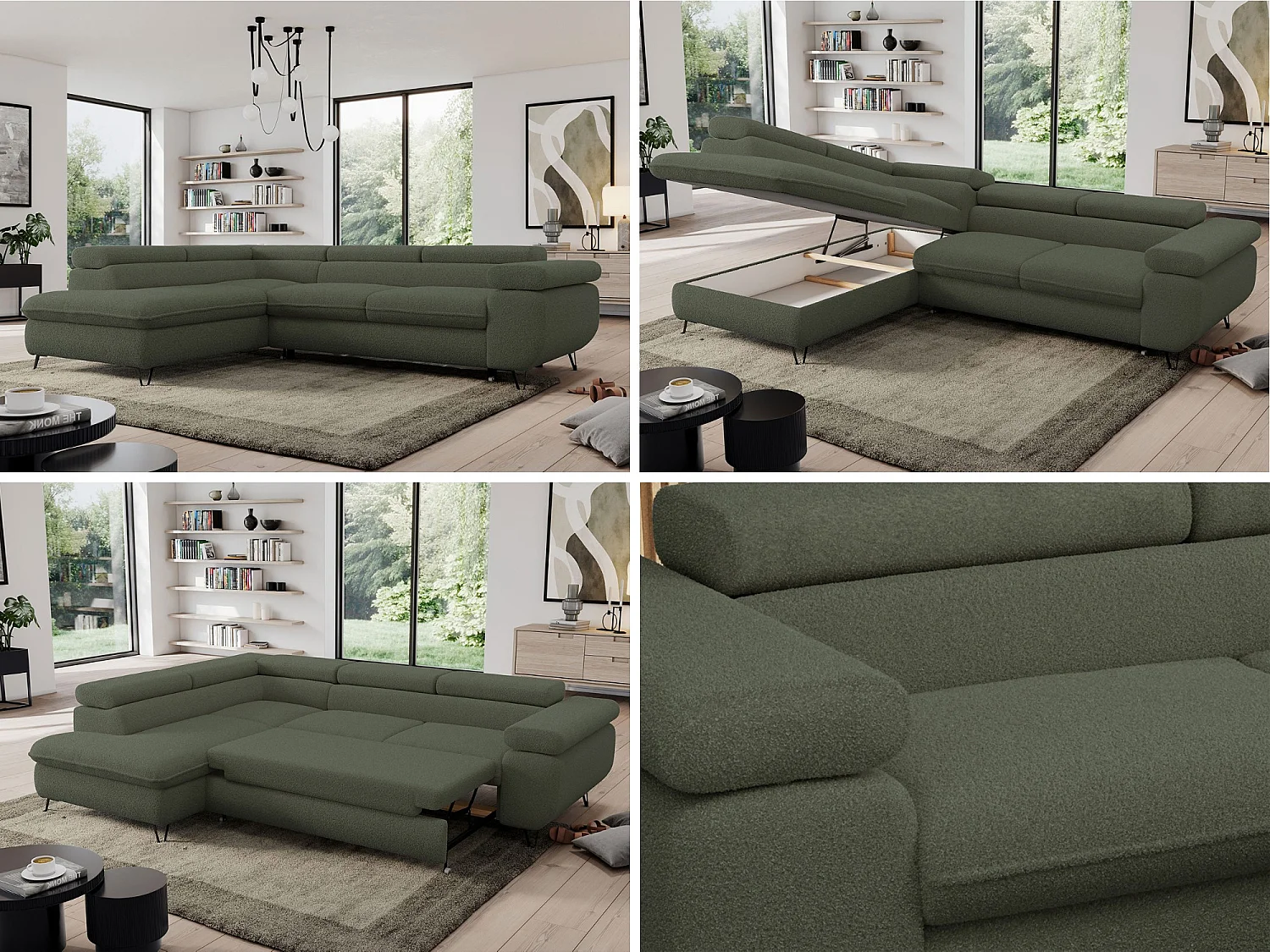 Ecksofa PEDRO - L-Form mit Schlaffunktion 200x125 cm, verstellbaren Kopfstützen - Grün Boucle - Ecke Links