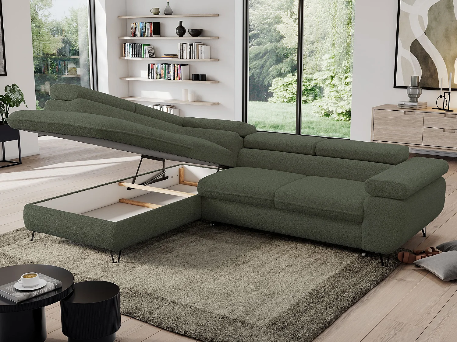 Ecksofa PEDRO - L-Form mit Schlaffunktion 200x125 cm, verstellbaren Kopfstützen - Grün Boucle - Ecke Links