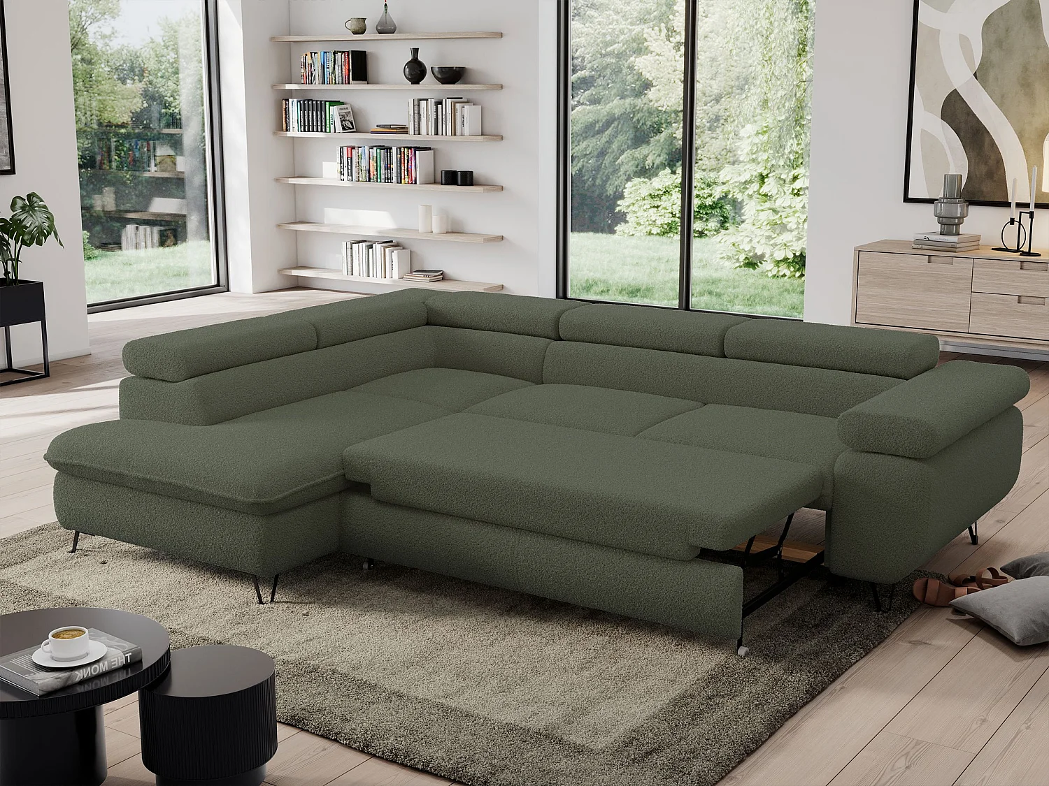 Ecksofa PEDRO - L-Form mit Schlaffunktion 200x125 cm, verstellbaren Kopfstützen - Grün Boucle - Ecke Links