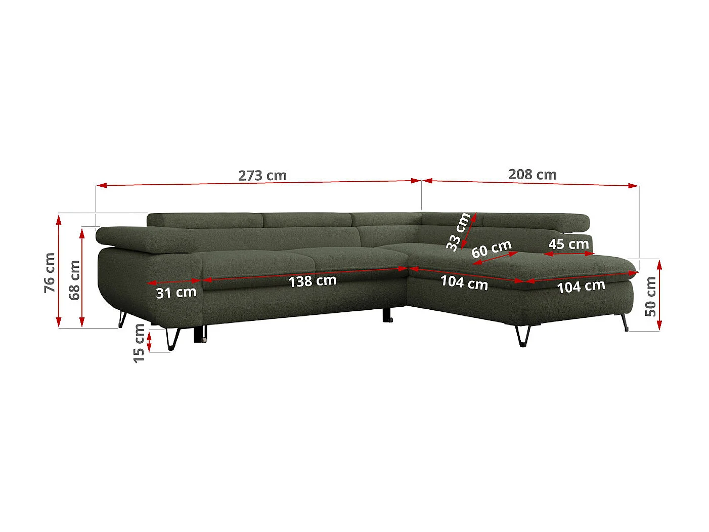 Ecksofa PEDRO - L-Form mit Schlaffunktion 200x125 cm, verstellbaren Kopfstützen - Grün Boucle - Ecke Links
