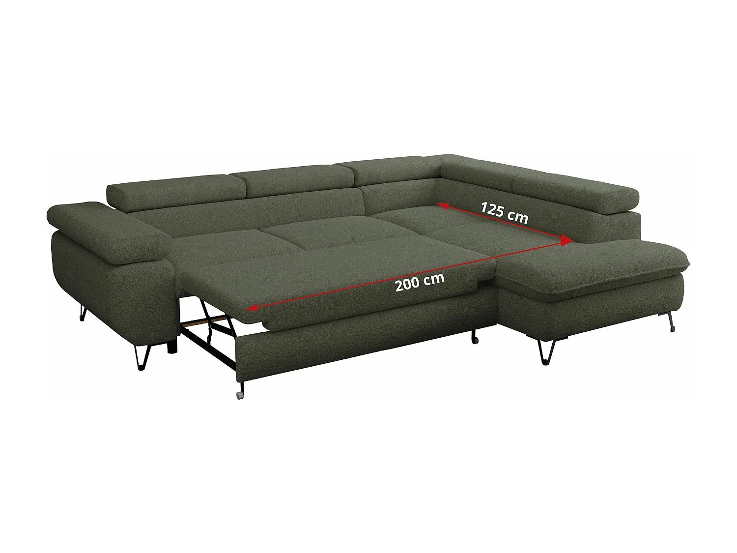 Ecksofa PEDRO - L-Form mit Schlaffunktion 200x125 cm, verstellbaren Kopfstützen - Grün Boucle - Ecke Links