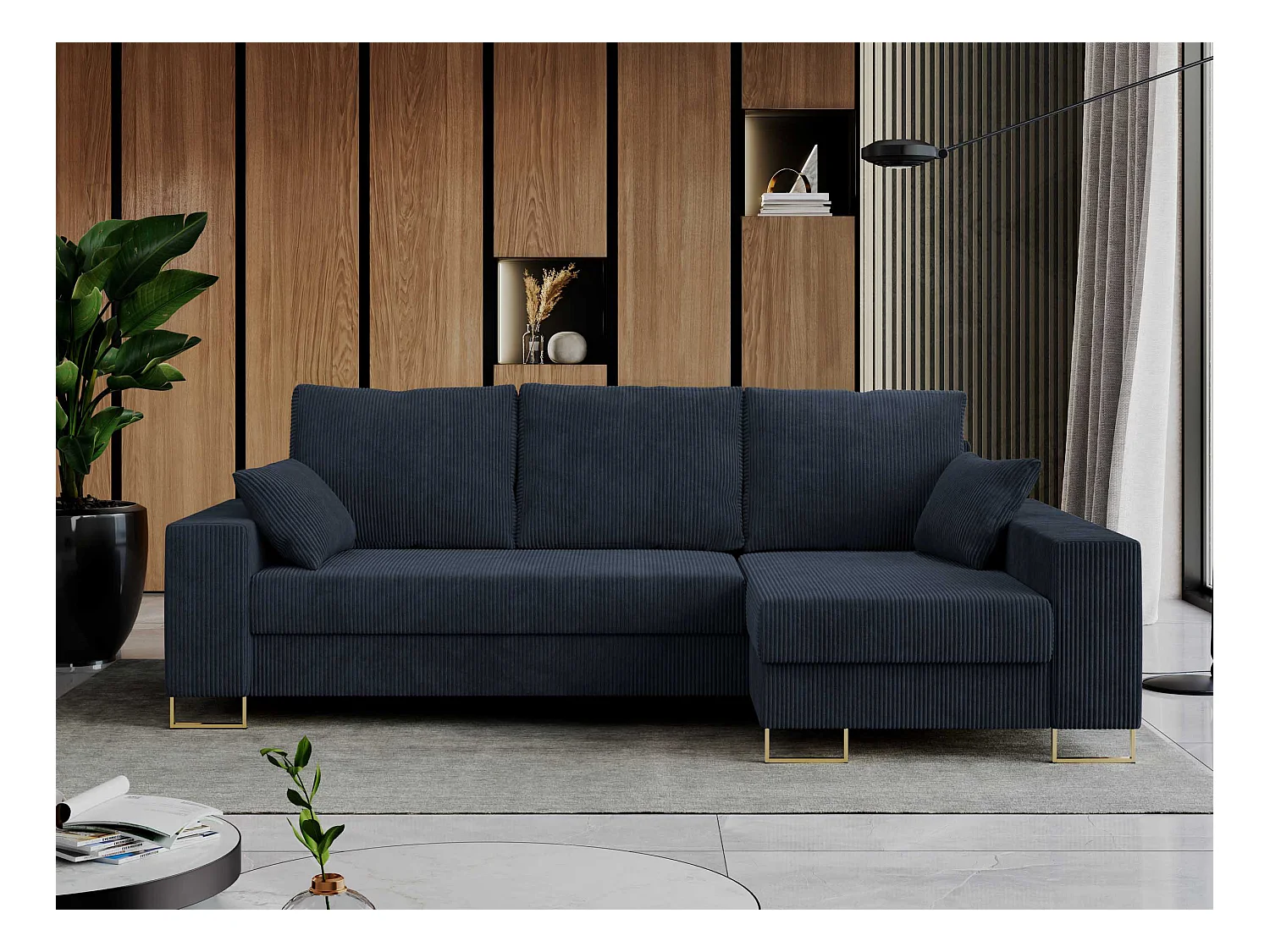 Ecksofa DORIAN - schlaffunktion und Bettkasten, lose Kissen - Dunkelblau Cord