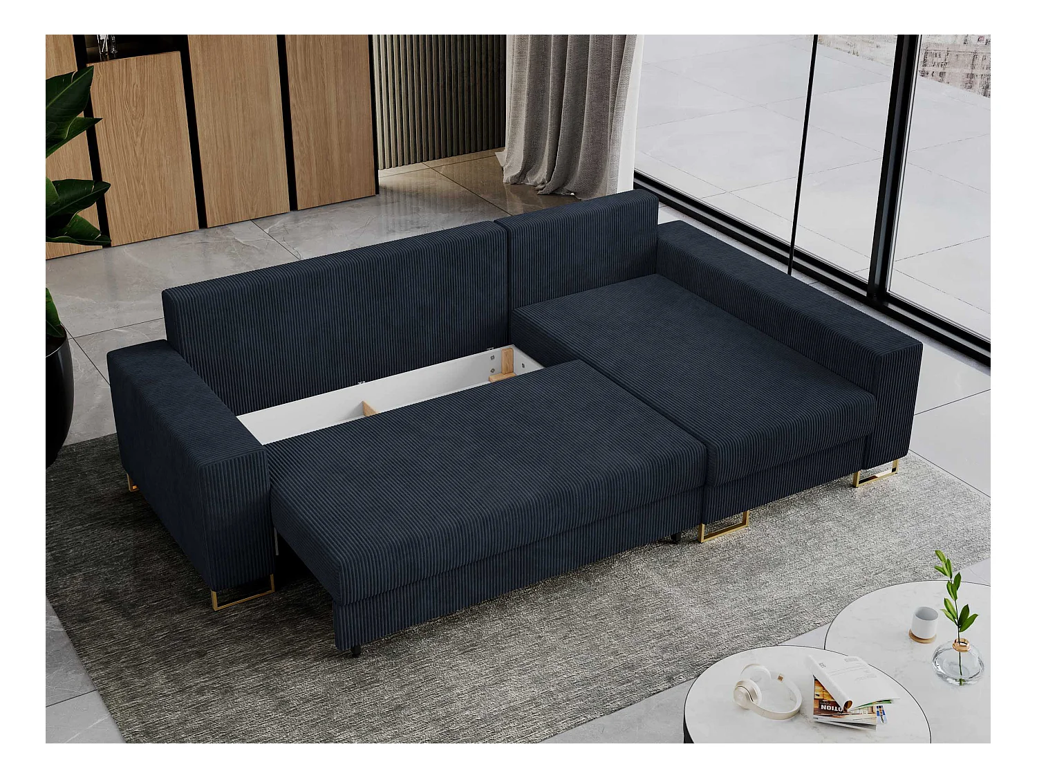 Ecksofa DORIAN - schlaffunktion und Bettkasten, lose Kissen - Dunkelblau Cord