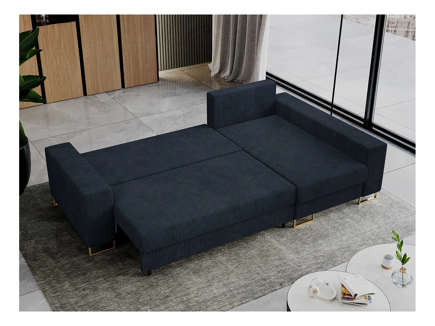 Ecksofa DORIAN - schlaffunktion und Bettkasten, lose Kissen - Dunkelblau Cord