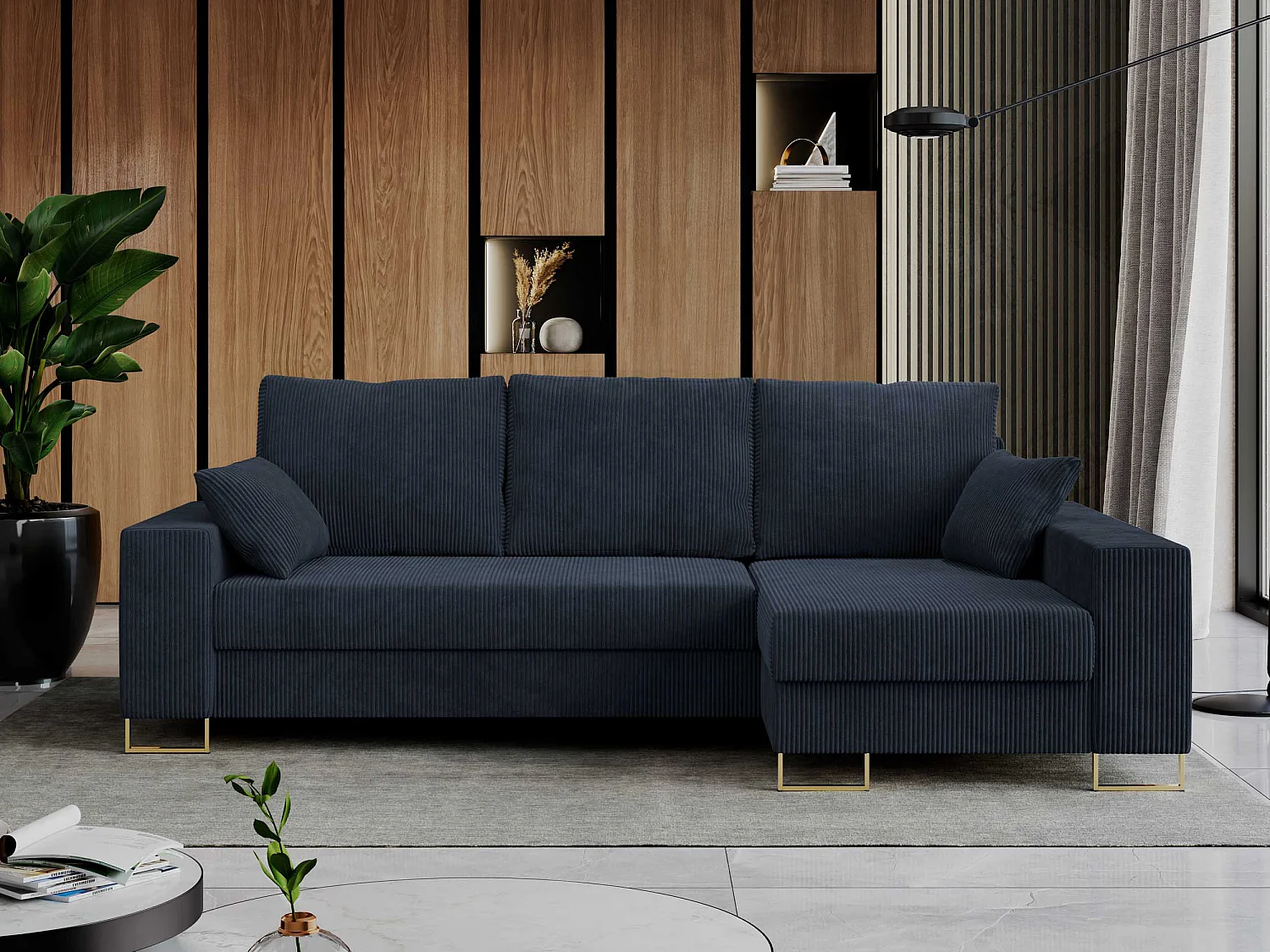 Ecksofa DORIAN - schlaffunktion und Bettkasten, lose Kissen - Dunkelblau Cord