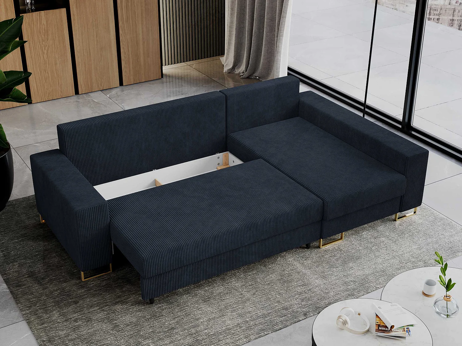 Ecksofa DORIAN - schlaffunktion und Bettkasten, lose Kissen - Dunkelblau Cord