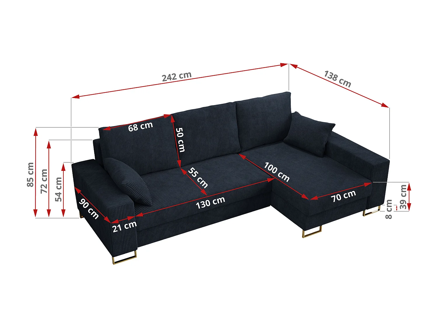Ecksofa DORIAN - schlaffunktion und Bettkasten, lose Kissen - Dunkelblau Cord