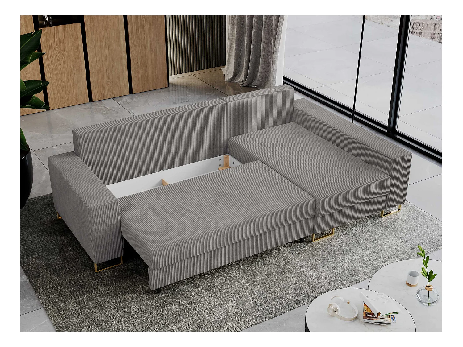 Ecksofa DORIAN - schlaffunktion und Bettkasten, lose Kissen - Hellgrau Cord