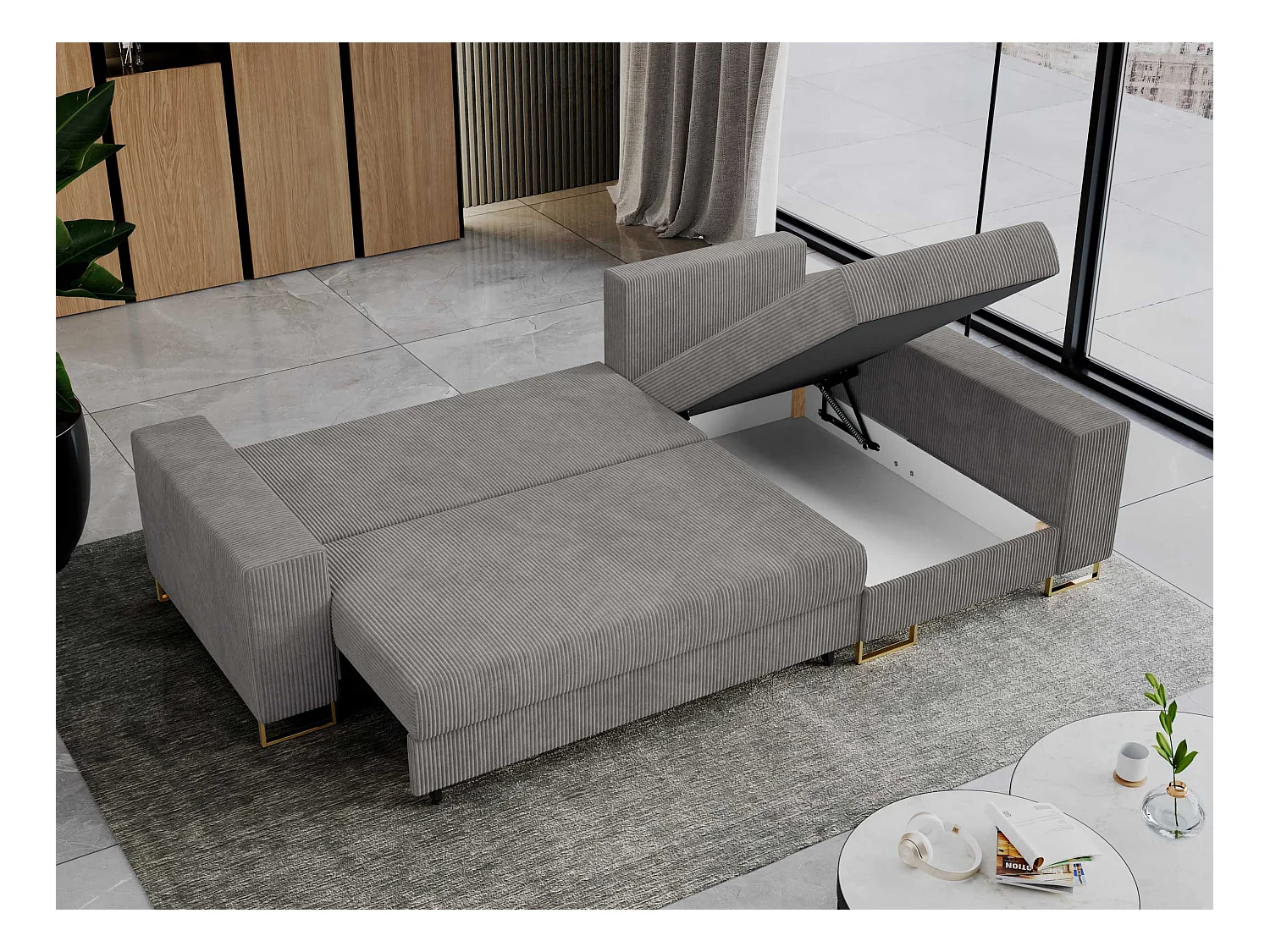 Ecksofa DORIAN - schlaffunktion und Bettkasten, lose Kissen - Hellgrau Cord