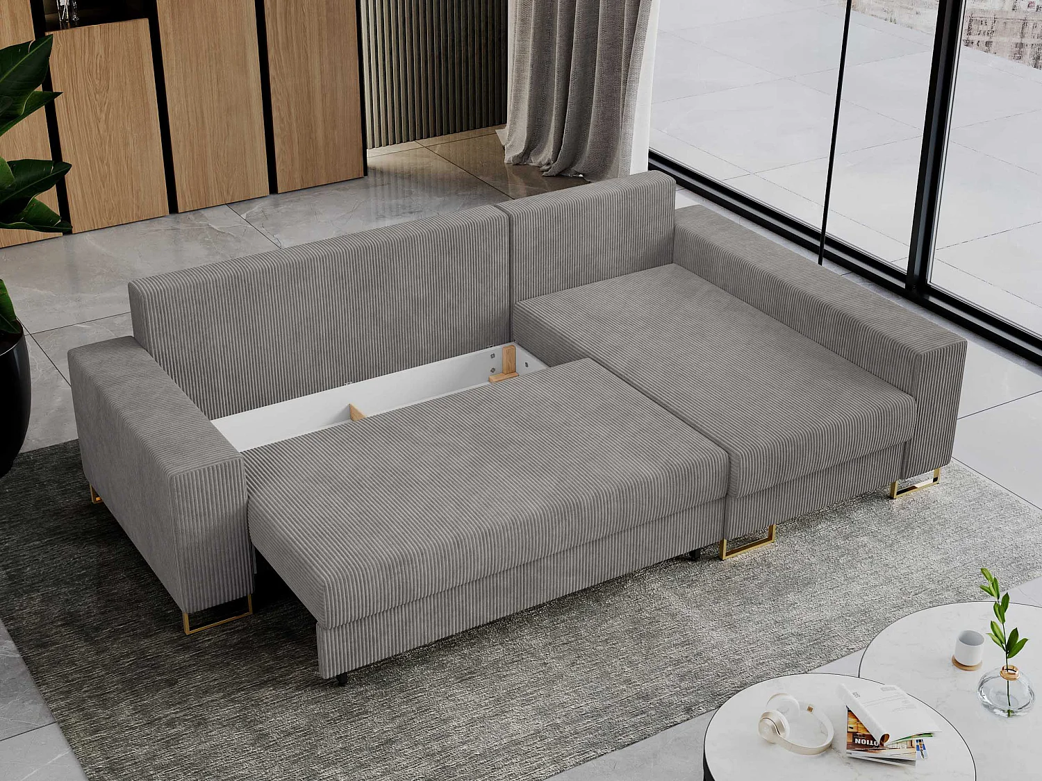 Ecksofa DORIAN - schlaffunktion und Bettkasten, lose Kissen - Hellgrau Cord