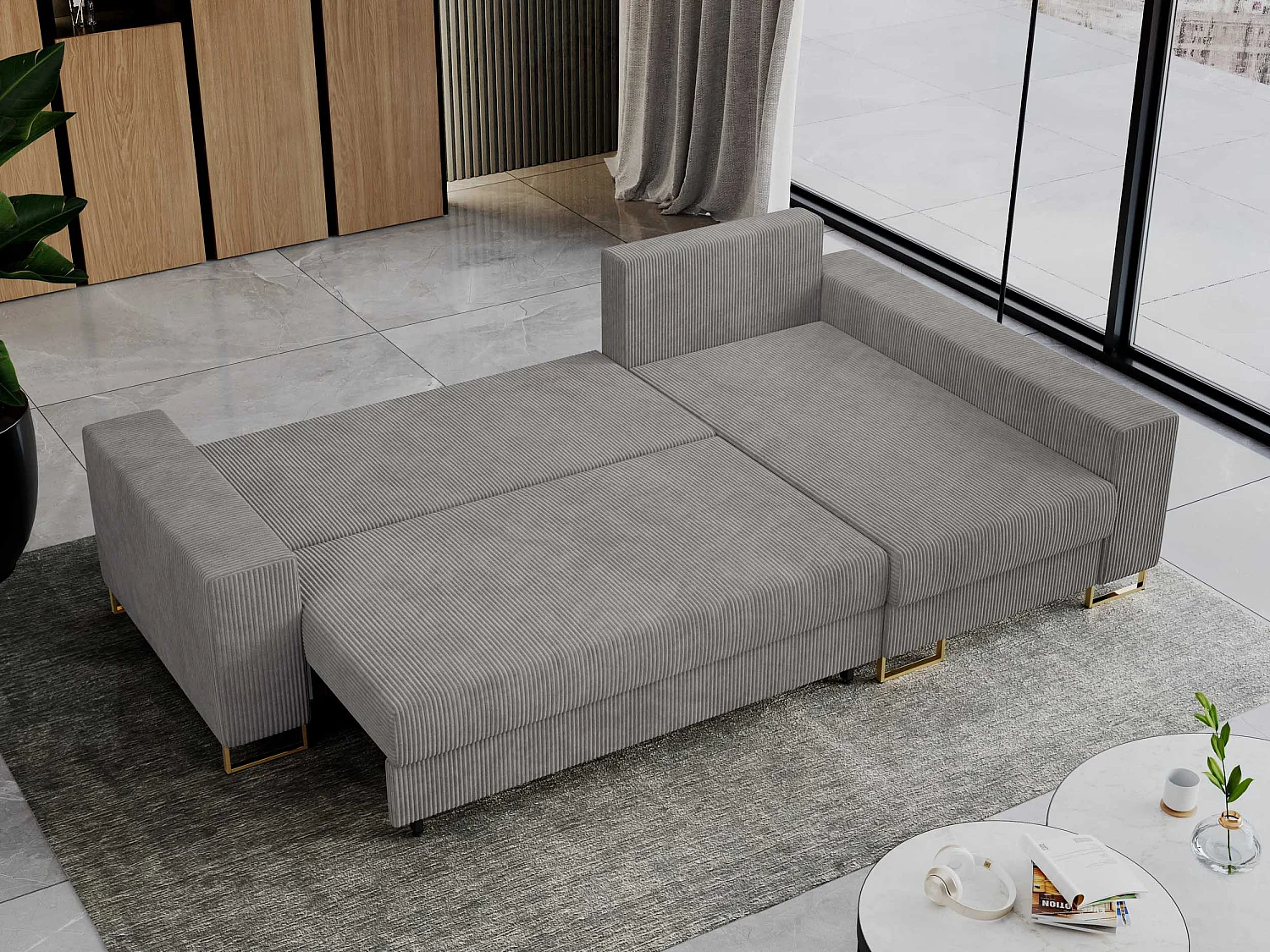 Ecksofa DORIAN - schlaffunktion und Bettkasten, lose Kissen - Hellgrau Cord