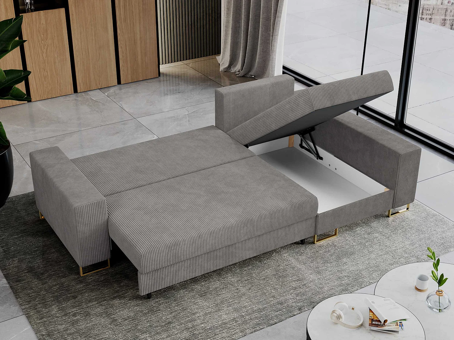 Ecksofa DORIAN - schlaffunktion und Bettkasten, lose Kissen - Hellgrau Cord