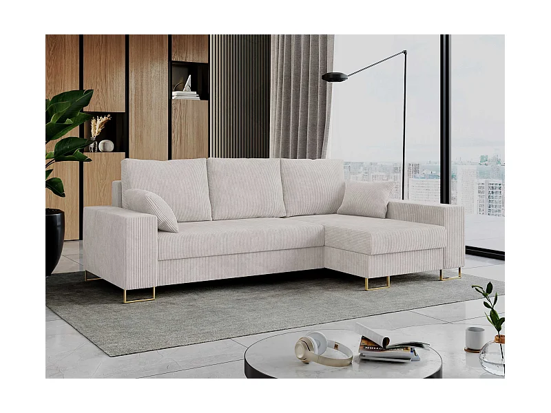 Ecksofa DORIAN - schlaffunktion und Bettkasten, lose Kissen - Weiß Cord