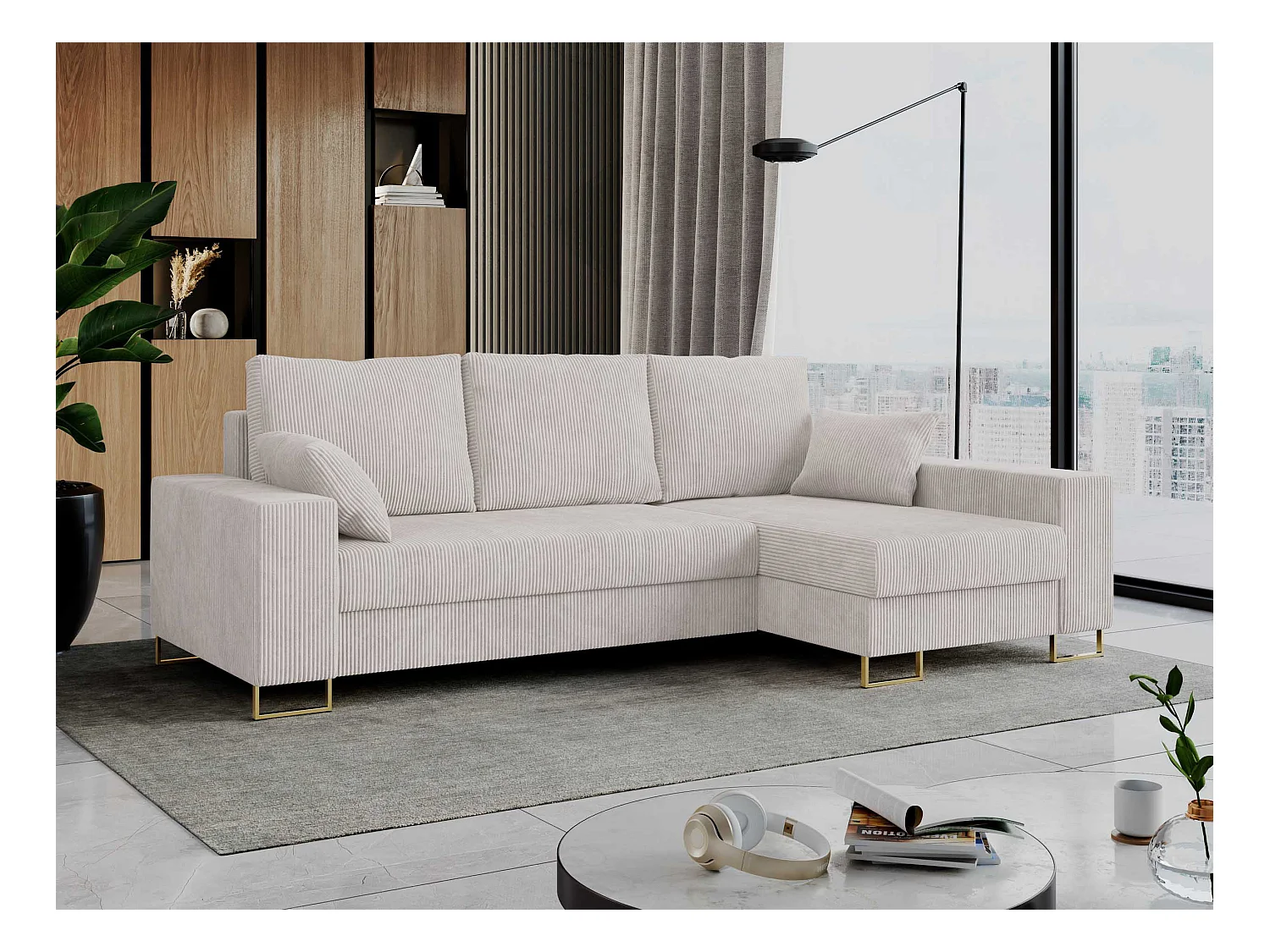 Ecksofa DORIAN - schlaffunktion und Bettkasten, lose Kissen - Weiß Cord