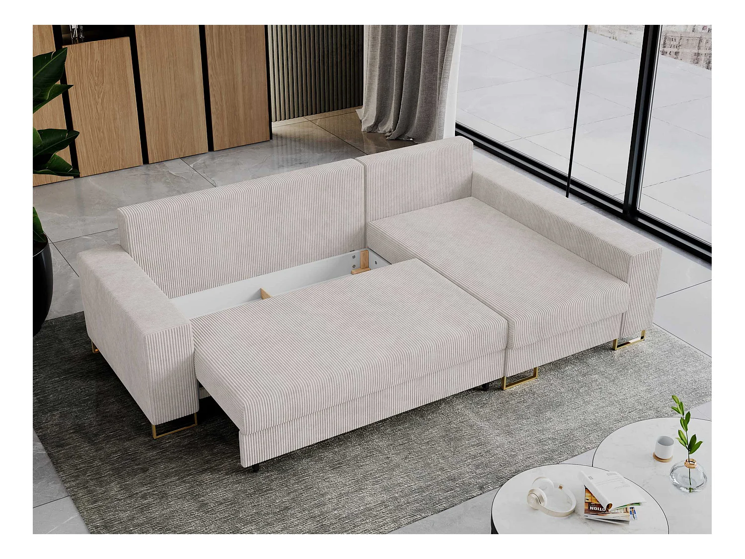 Ecksofa DORIAN - schlaffunktion und Bettkasten, lose Kissen - Weiß Cord