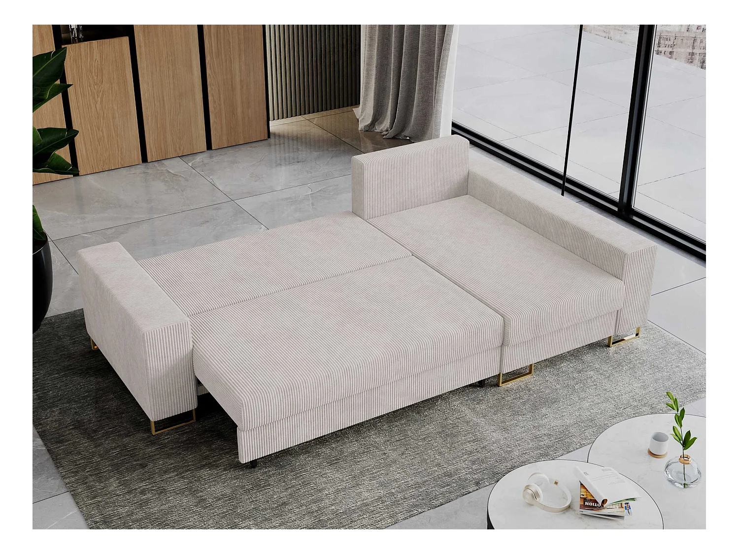 Ecksofa DORIAN - schlaffunktion und Bettkasten, lose Kissen - Weiß Cord