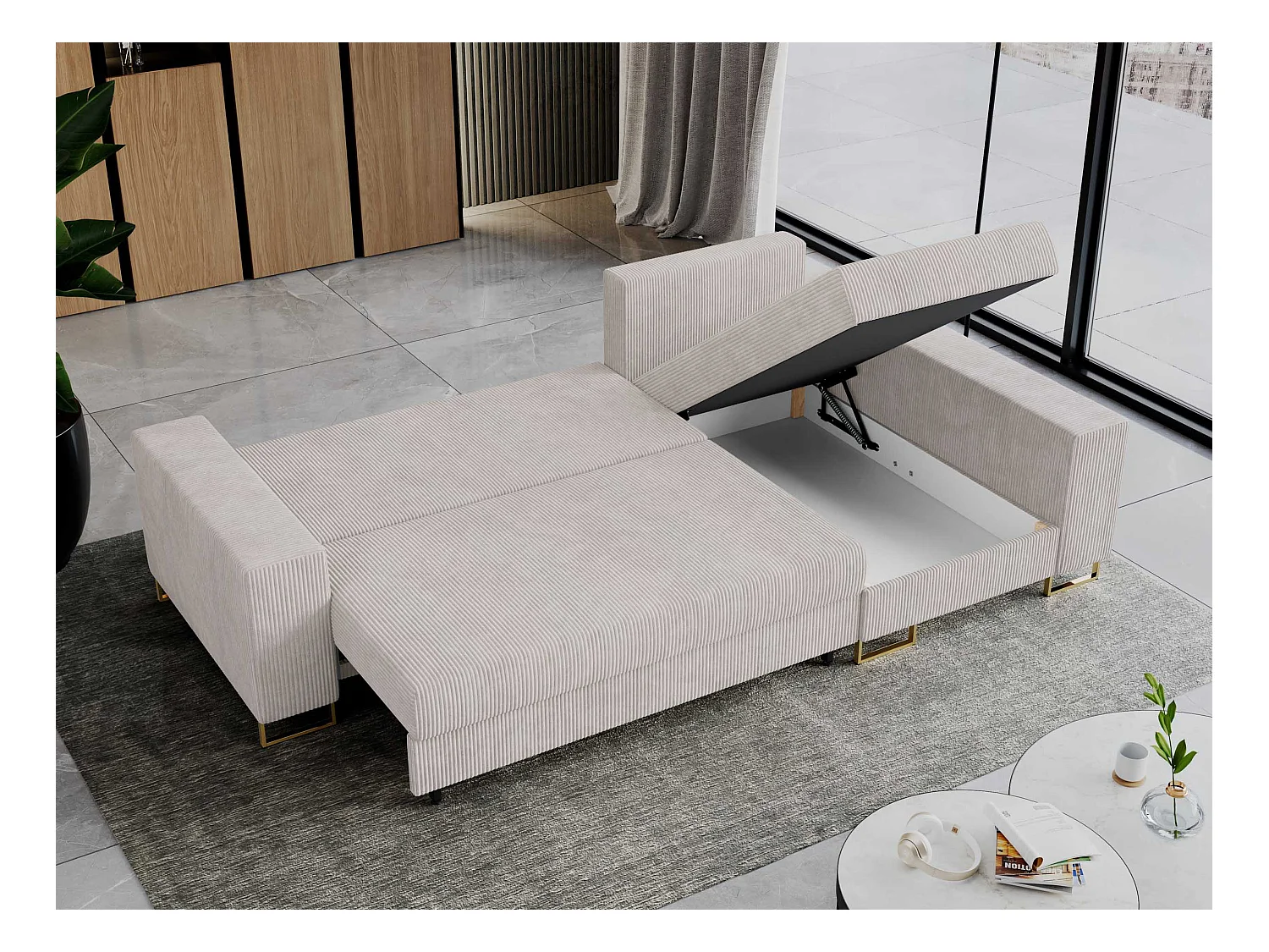 Ecksofa DORIAN - schlaffunktion und Bettkasten, lose Kissen - Weiß Cord