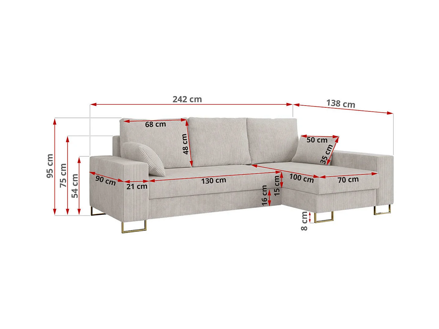 Ecksofa DORIAN - schlaffunktion und Bettkasten, lose Kissen - Weiß Cord
