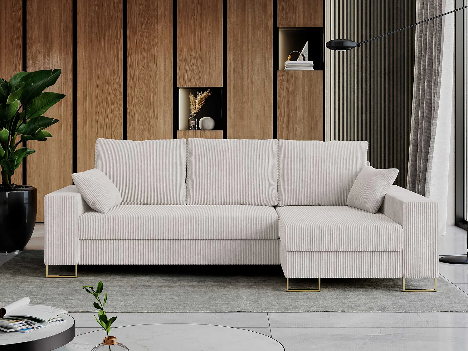 Ecksofa DORIAN - schlaffunktion und Bettkasten, lose Kissen - Weiß Cord