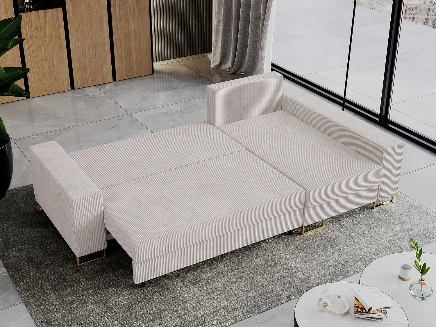 Ecksofa DORIAN - schlaffunktion und Bettkasten, lose Kissen - Weiß Cord