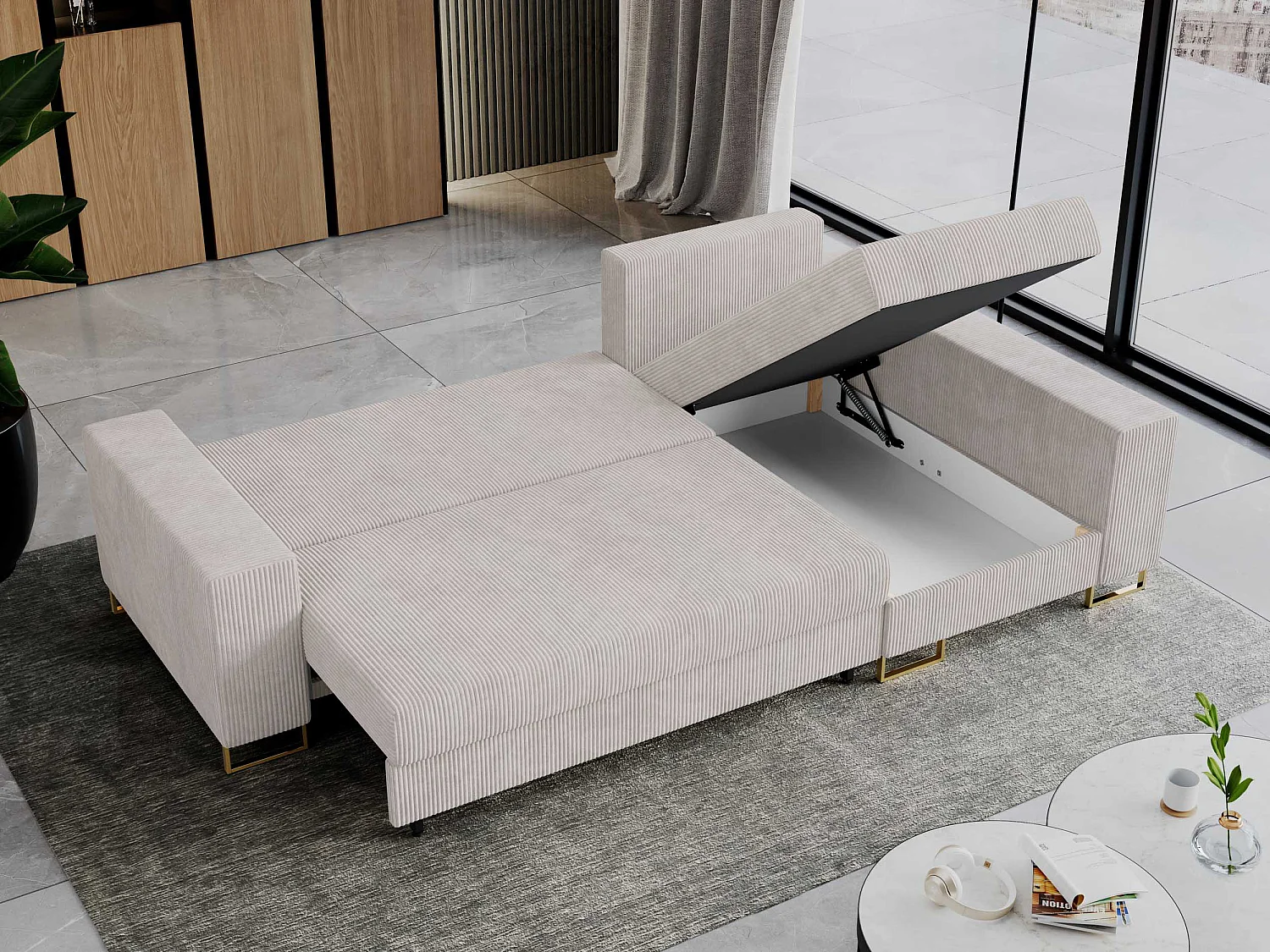 Ecksofa DORIAN - schlaffunktion und Bettkasten, lose Kissen - Weiß Cord