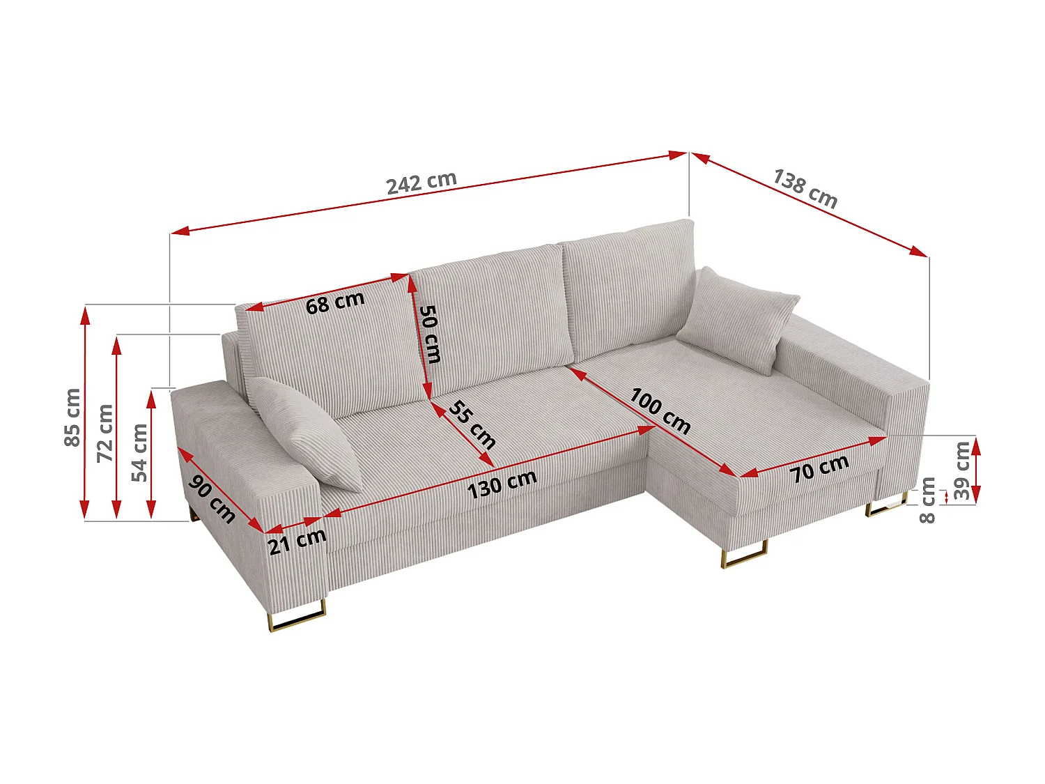 Ecksofa DORIAN - schlaffunktion und Bettkasten, lose Kissen - Weiß Cord