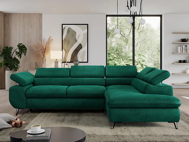 Ecksofa PEDRO - L-Form mit Schlaffunktion 200x125 cm, verstellbaren Kopfstützen - Dunkelgrün Velvet - Ecke Rechts