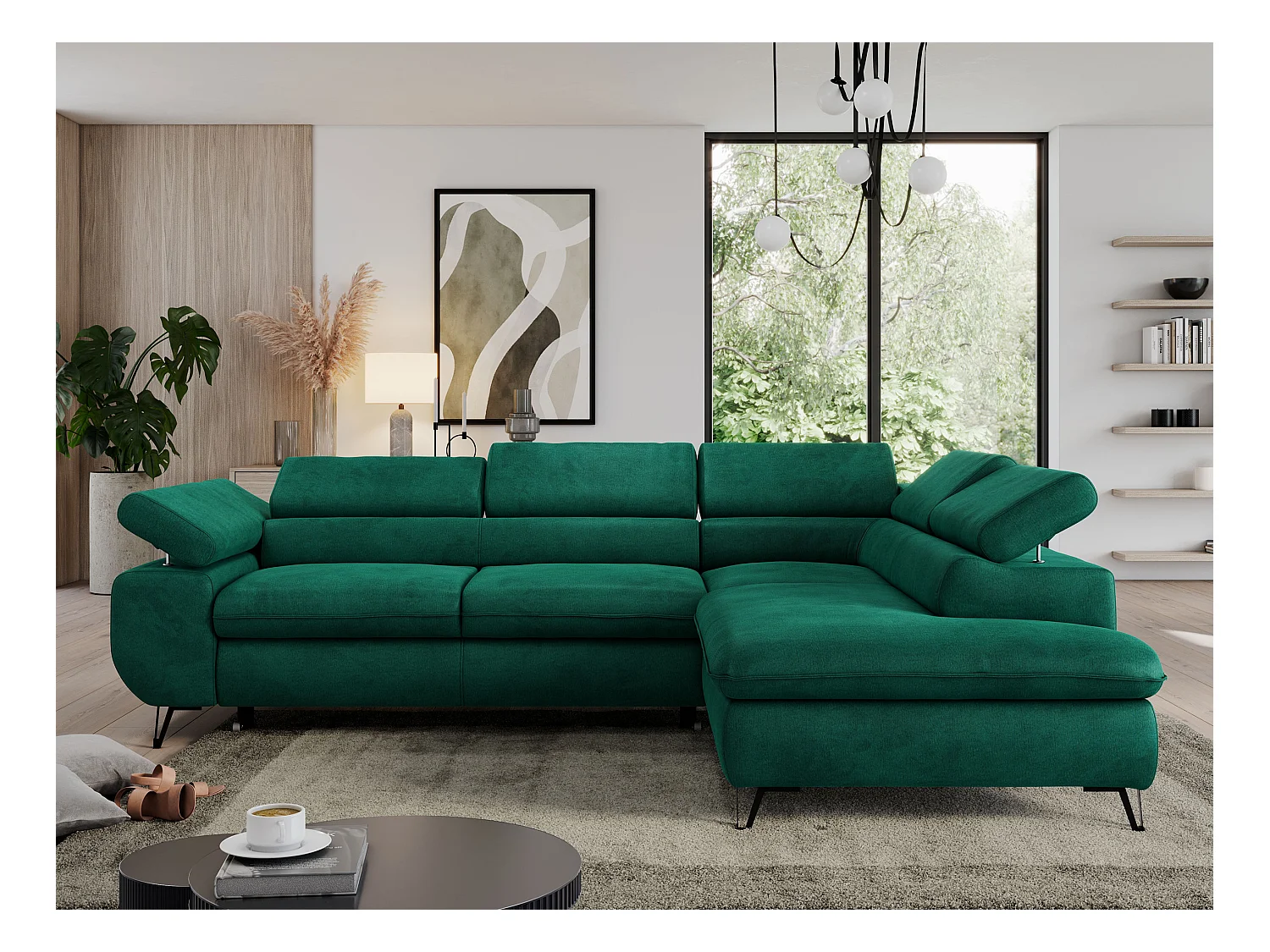 Ecksofa PEDRO - L-Form mit Schlaffunktion 200x125 cm, verstellbaren Kopfstützen - Dunkelgrün Velvet - Ecke Rechts