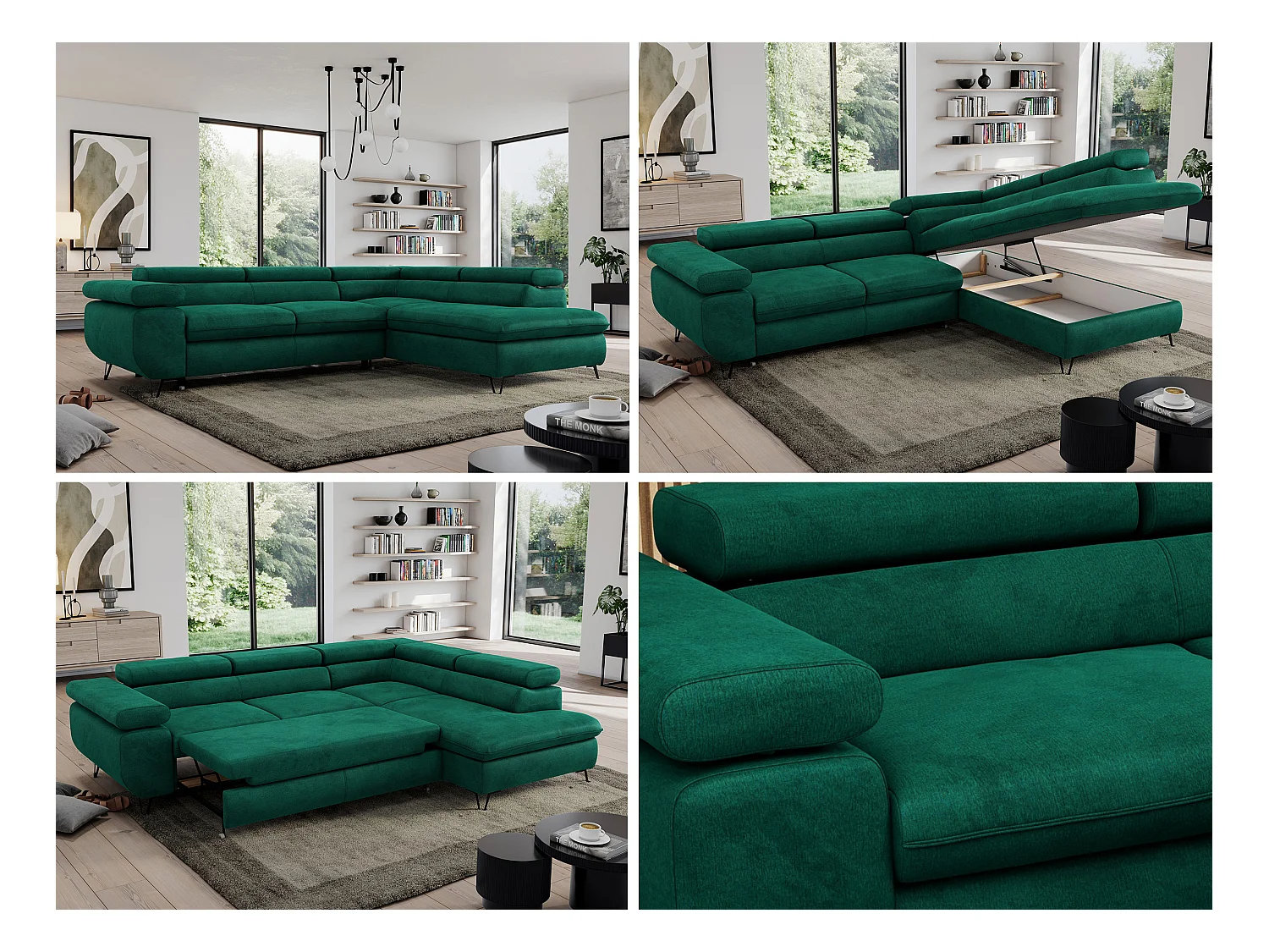 Ecksofa PEDRO - L-Form mit Schlaffunktion 200x125 cm, verstellbaren Kopfstützen - Dunkelgrün Velvet - Ecke Rechts