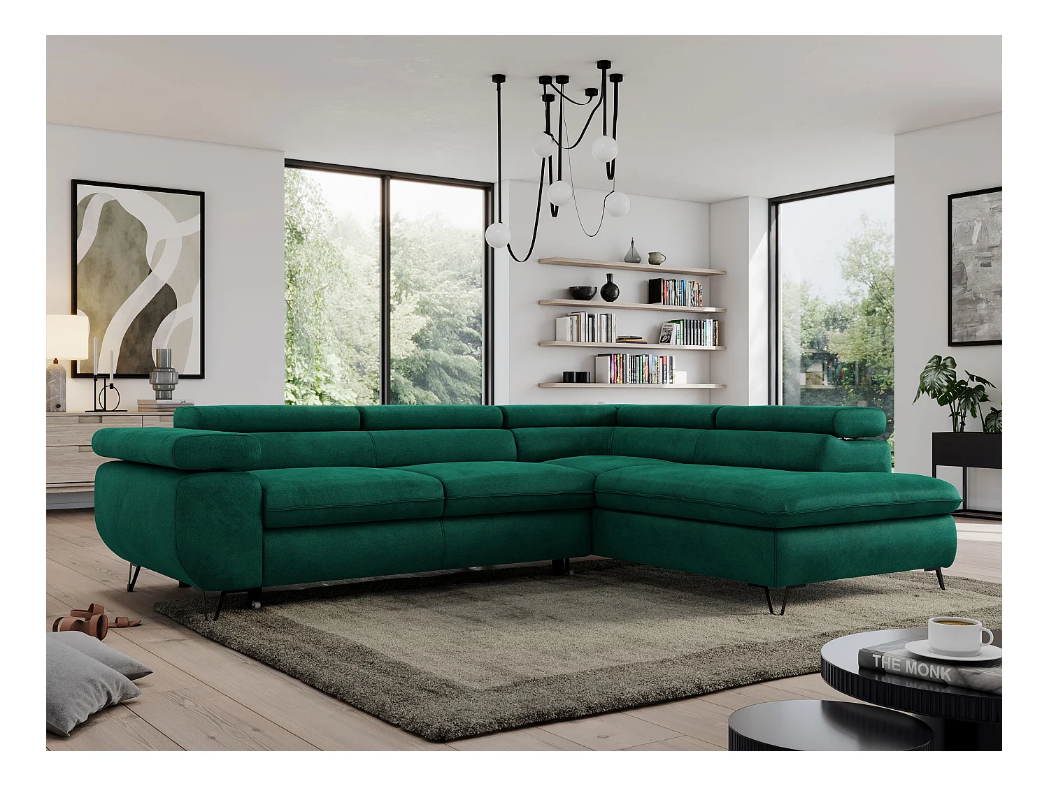 Ecksofa PEDRO - L-Form mit Schlaffunktion 200x125 cm, verstellbaren Kopfstützen - Dunkelgrün Velvet - Ecke Rechts