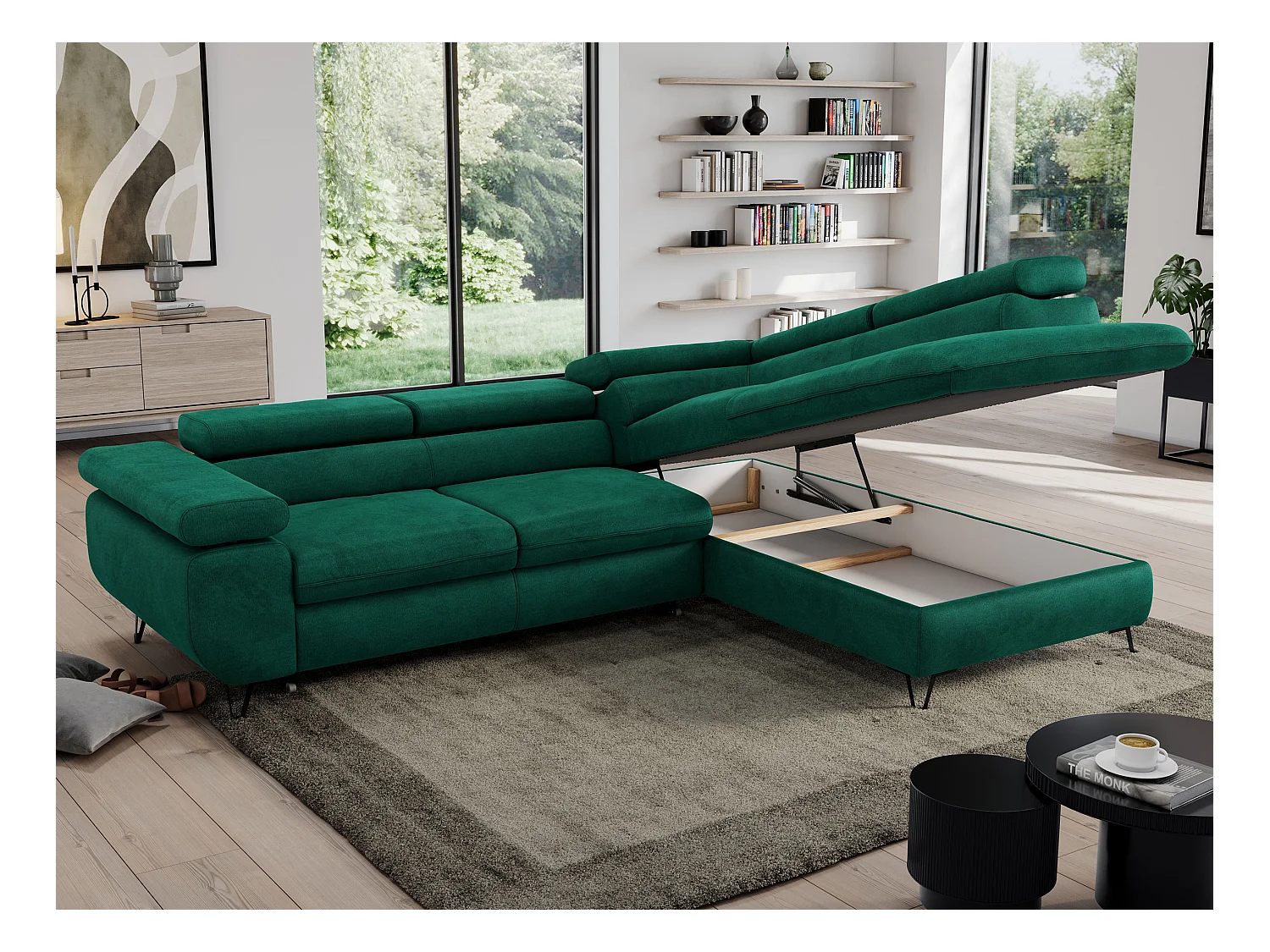 Ecksofa PEDRO - L-Form mit Schlaffunktion 200x125 cm, verstellbaren Kopfstützen - Dunkelgrün Velvet - Ecke Rechts